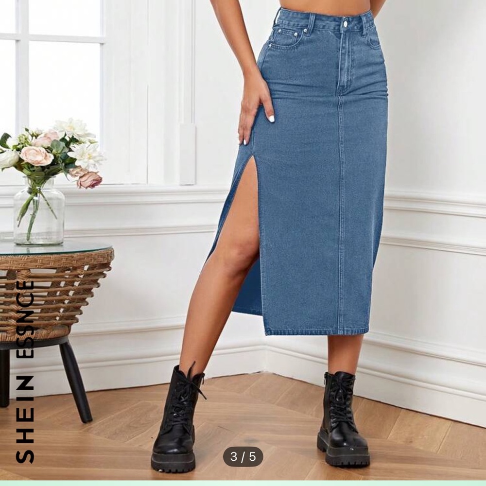 Casual Denim Midi Skirt with Slit